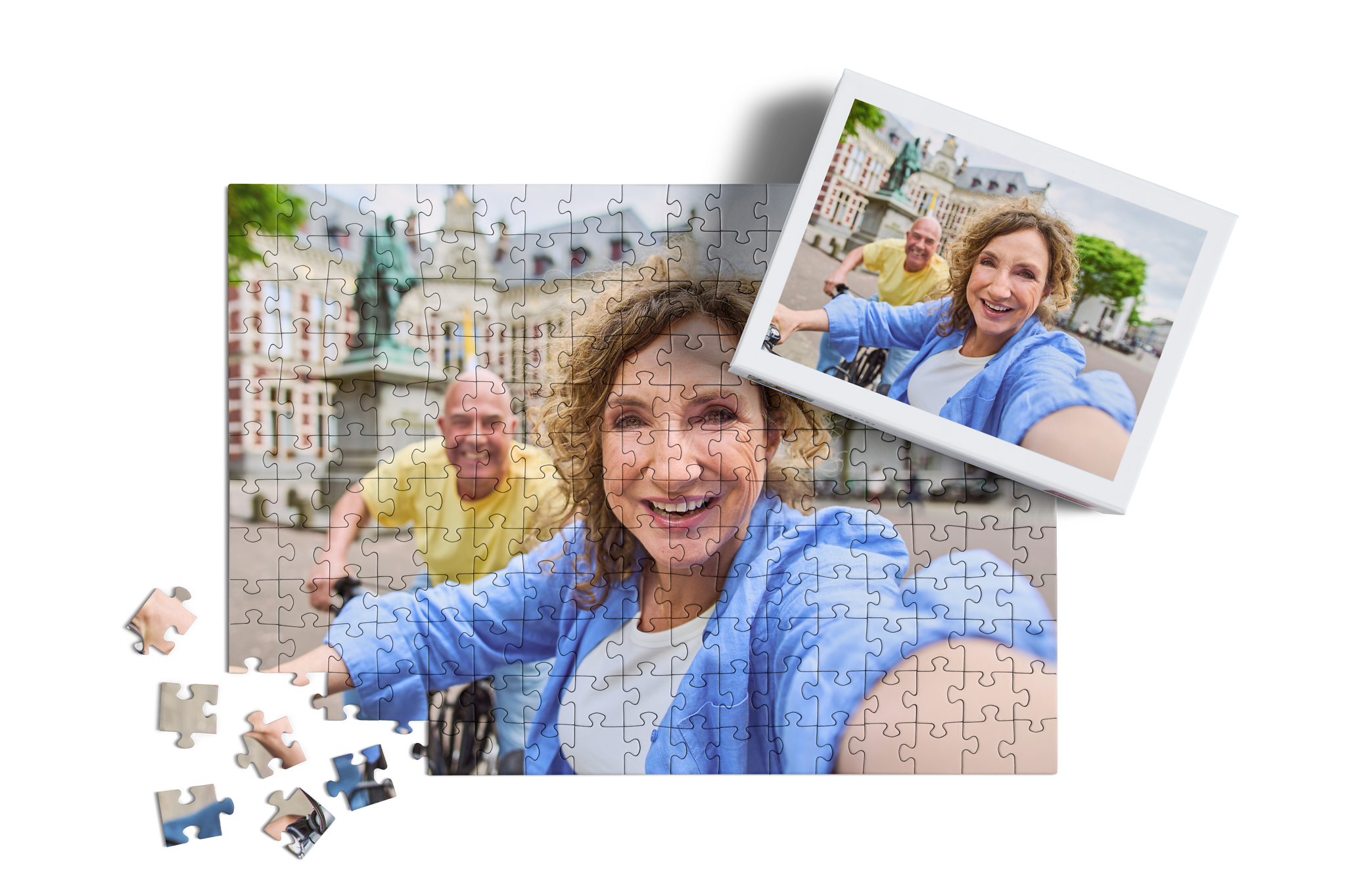 Fotopuzzle mit 200 teilen und einem Foto von einem Pärchen auf einem Städte Trip.