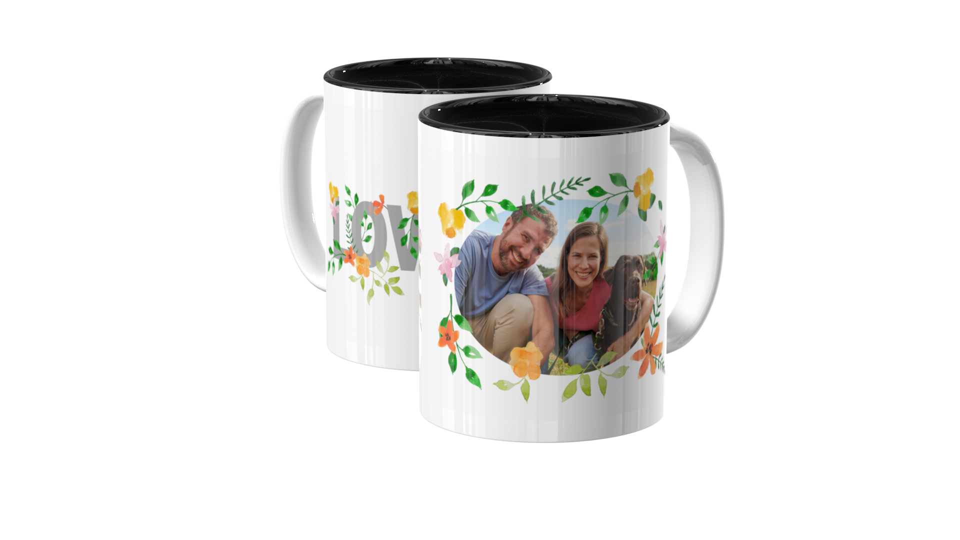 Fototasse mit romantischem Blumendesign und Pärchenbild