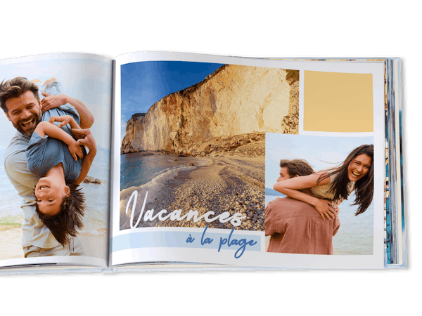 Livre photo de vacances avec photos d'une famille à la plage 