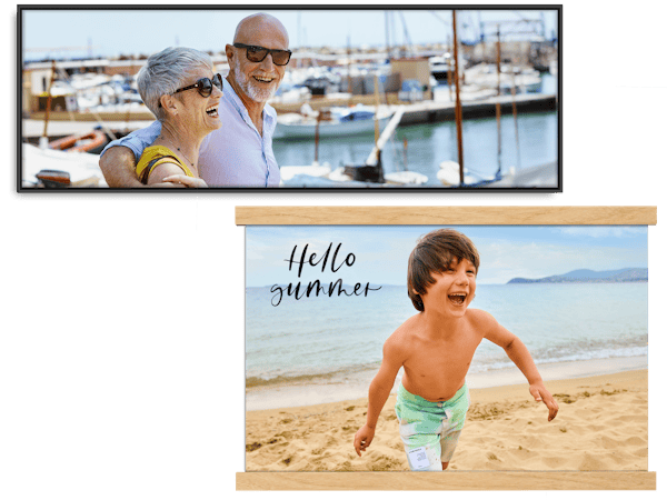 Drie fotoposters in verschillende formaten met vakantiefoto's.