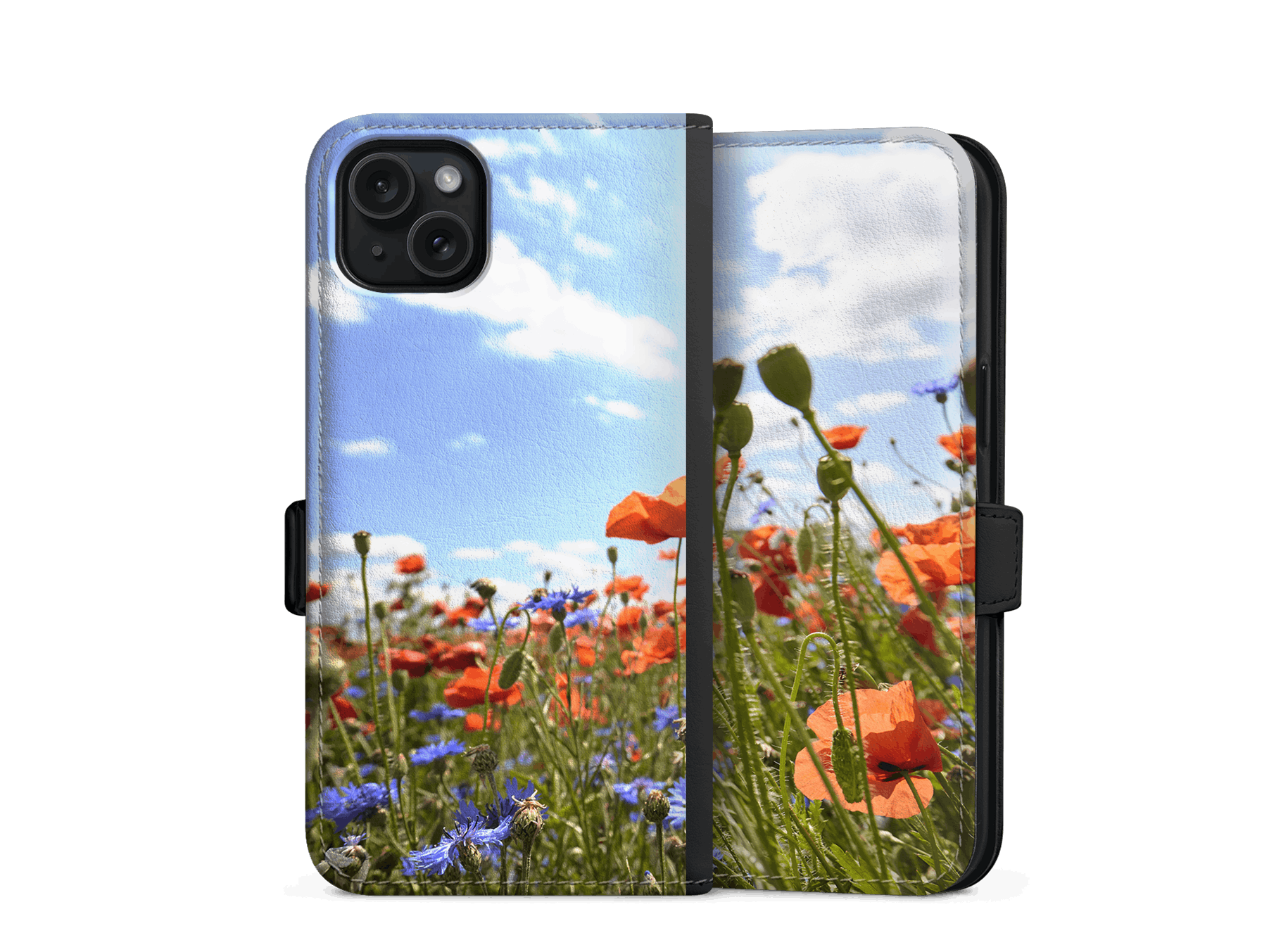 Funda de móvil tipo cartera con la foto de un campo de flores
