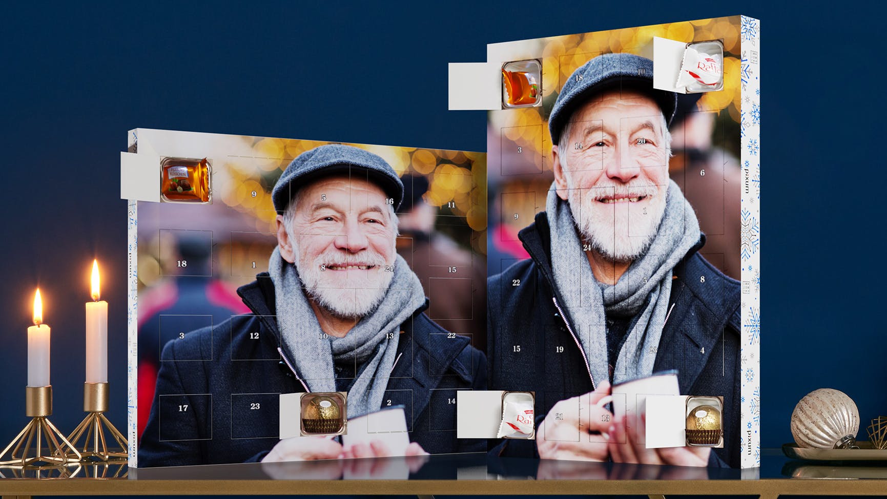 Adventskalender med choklad från Ferrero och ett foto av en äldre man som skrattar