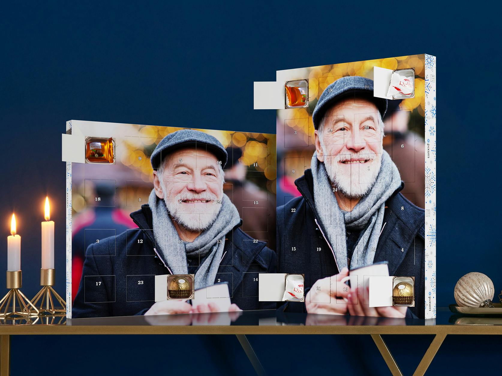 Calendrier de l'Avent avec chocolats Ferrero et une photo d'un homme âgé souriant