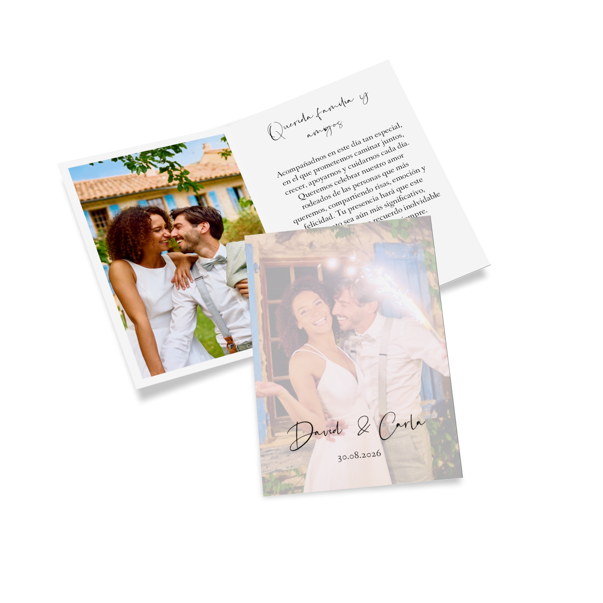 Tarjeta plegable como invitación a la boda con la foto de la pareja