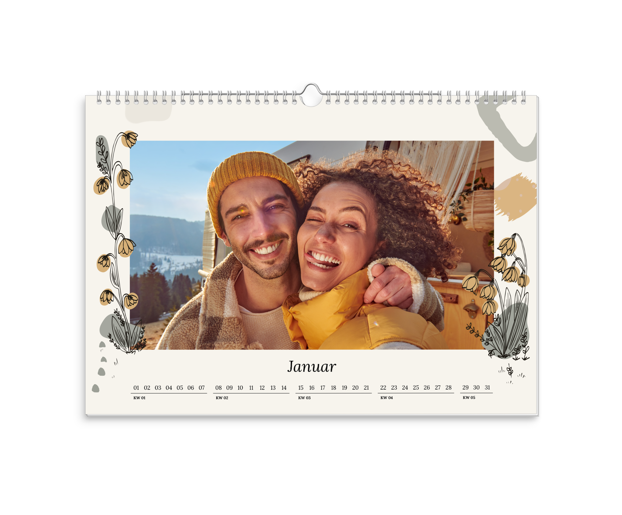 Wandkalender mit blumigem Design und einem Bild von zwei Verliebten