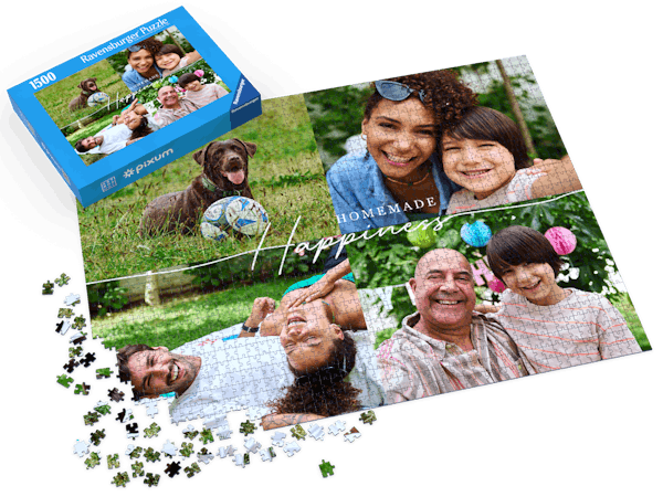 Fotopuzzle mit 1500 Teilen gestaltet mit einer Fotocollage aus Familienbildern und einem Schriftzug in der Mitte "Homemade Happiness".