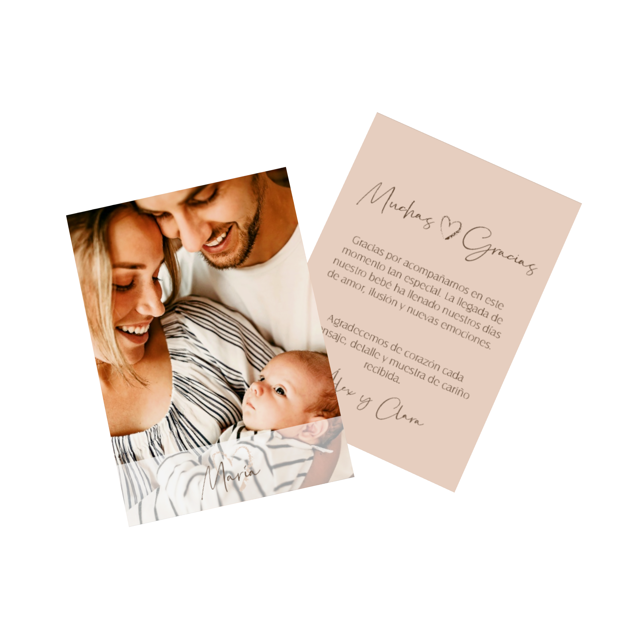 Tarjeta con foto de nacimiento con información sobre el nacimiento y fotos familiares