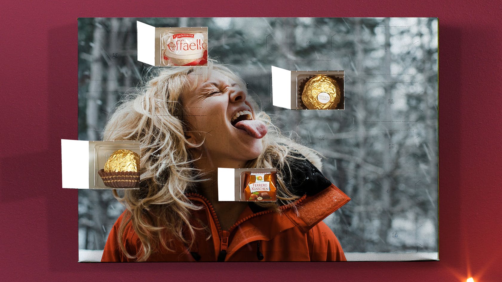 Foto-Adventskalender mit Ferrero-Pralinen mit Motiv eines lachenden Mädchens im Schnee