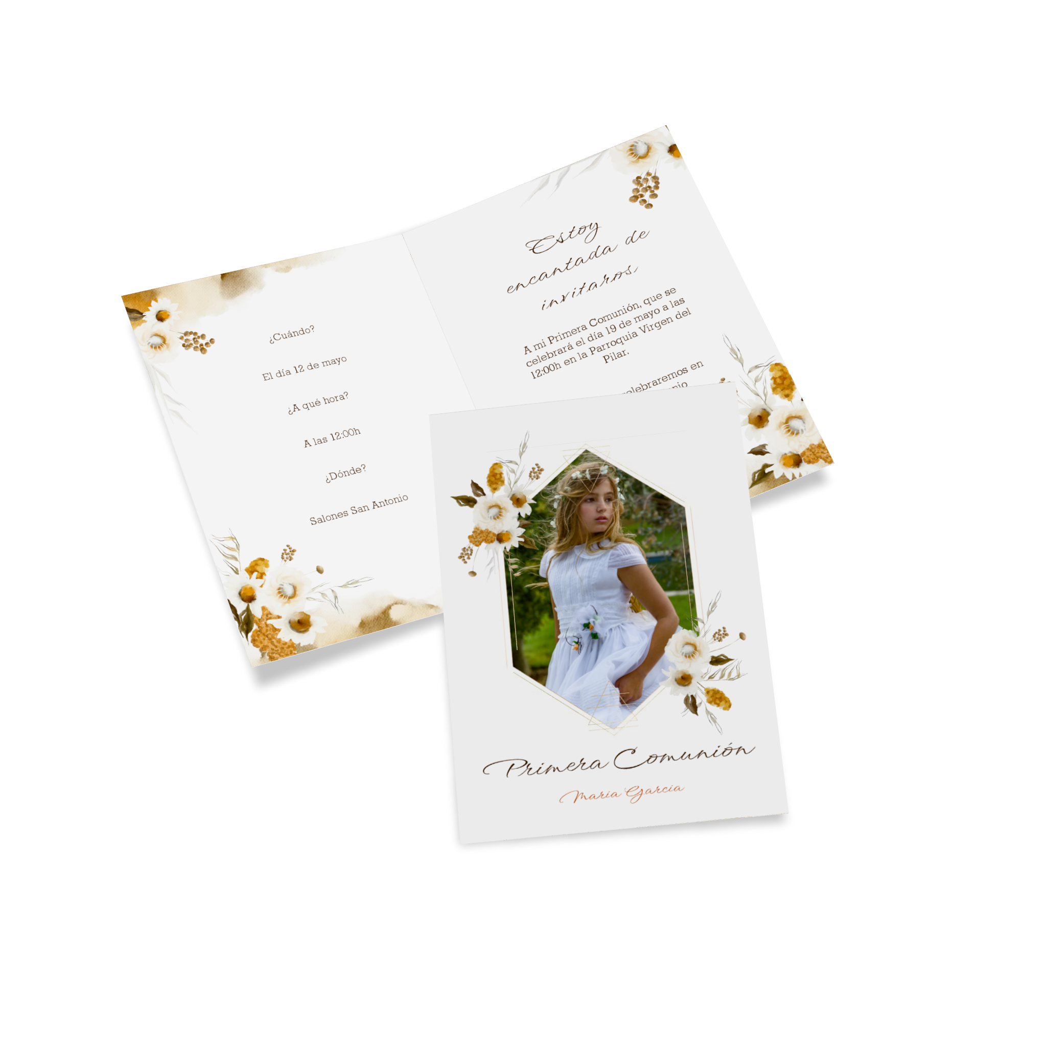 tarjeta plegable con motivos florales como invitación de comunión