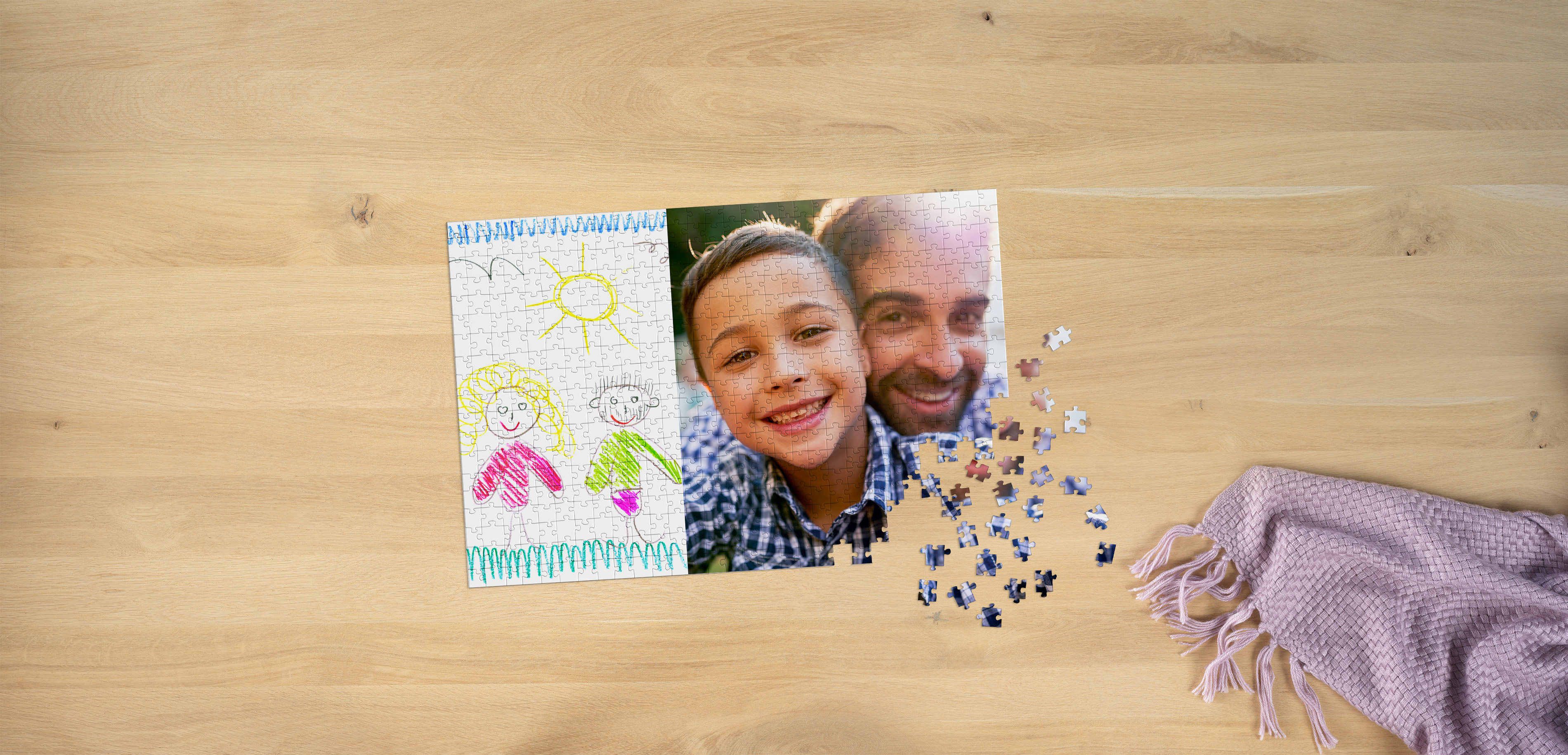 Puzzle personalizzato con collage di foto: un bambino con suo padre e il disegno di una famiglia fatto da un bambino