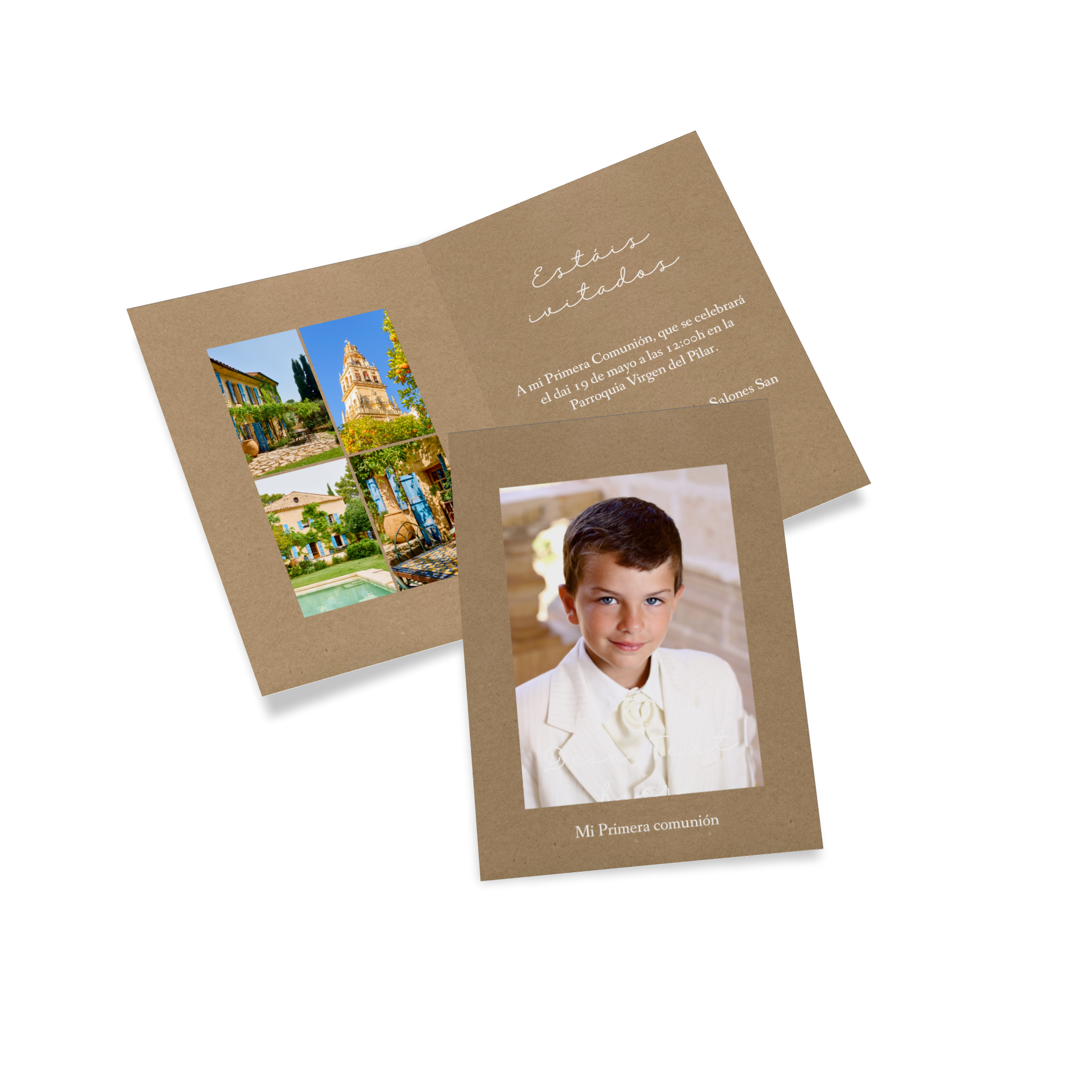 Tarjeta plegable como invitación de comunión personalizada con la foto de una niña