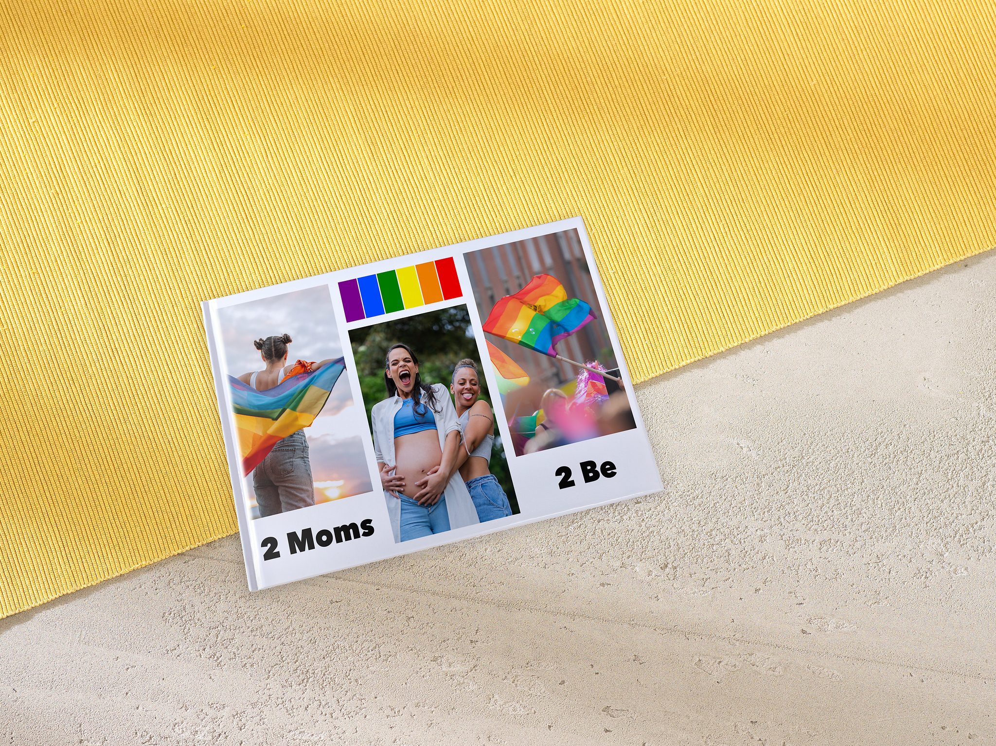 Pixum Fotobuch Cover mit Colorful-Love Design und Fotos mit Pride Regenbogen Flaggen