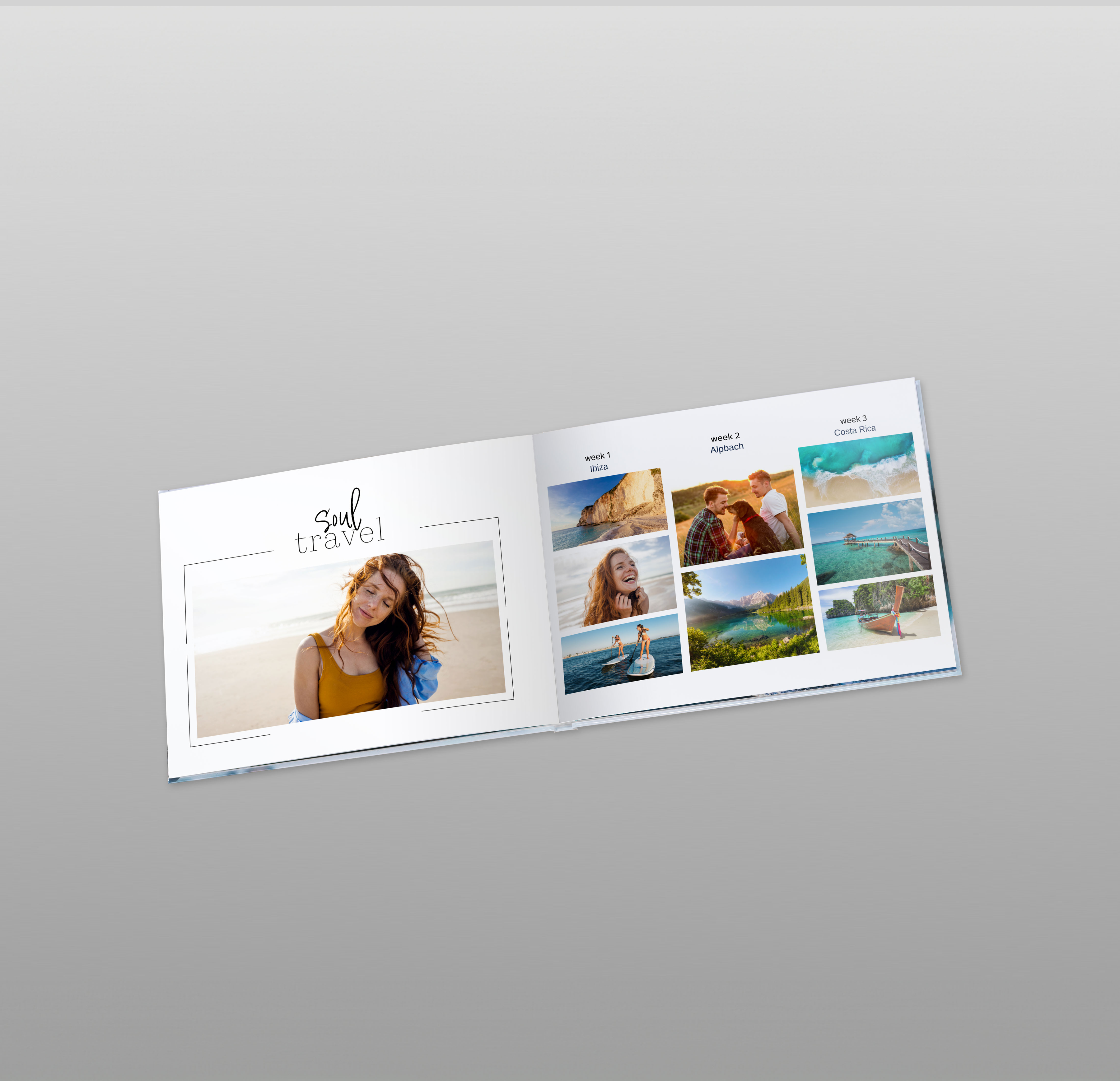 Eine Pixum Fotobuch Innenseite mit der Vorlage "Explore The World" um ein Fotobuch vom Urlaub zu gestalten