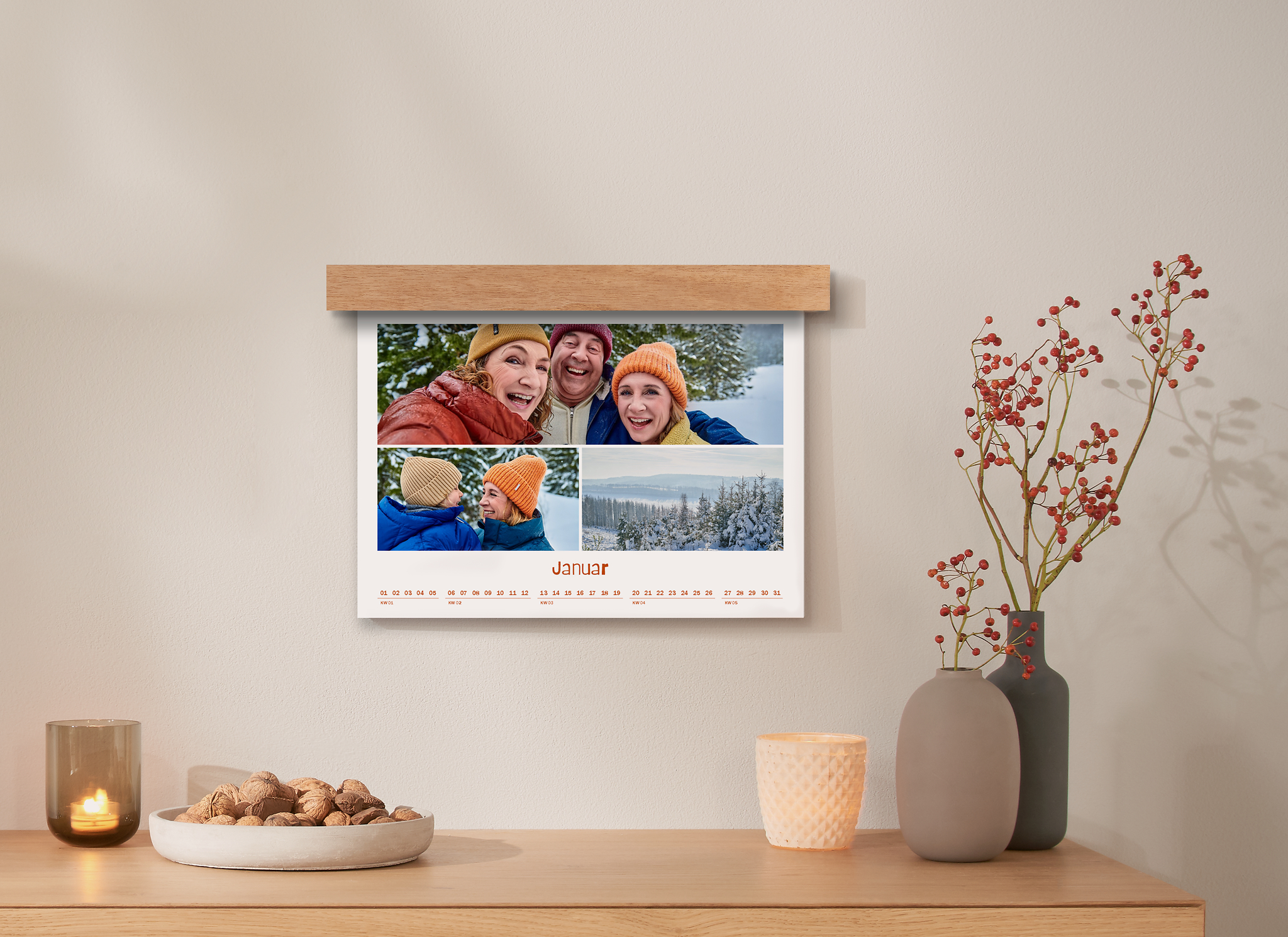 Calendrier photo A3 paysage avec cache-spirale en bois avec un pêle-mêle de photos