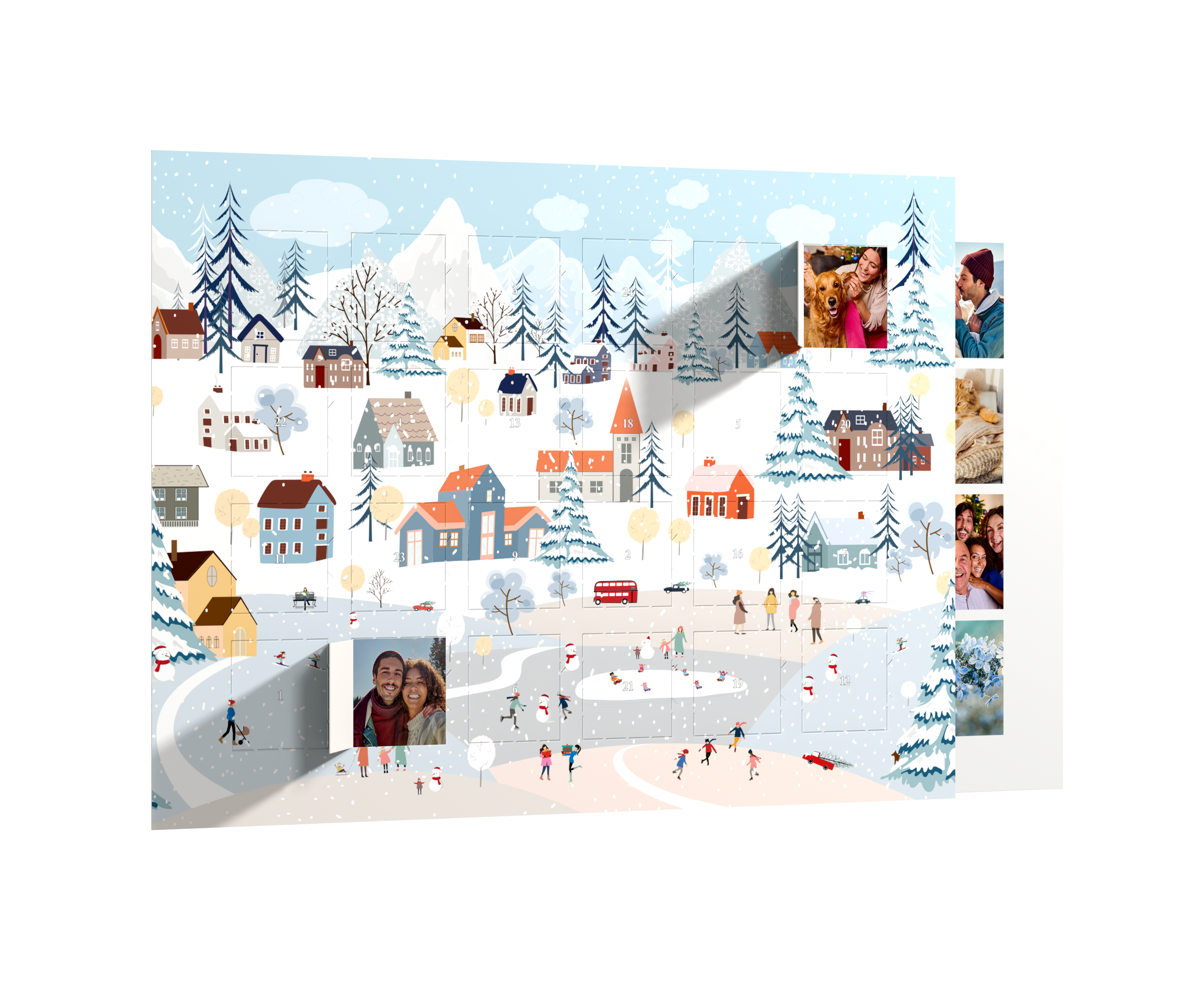 Ein Foto-Adventskalender mit einer winterlichen Dorflandschaft; einige Türen des Kalenders sind geöffnet und zeigen fröhliche Fotos von fröhlichen Menschen.
