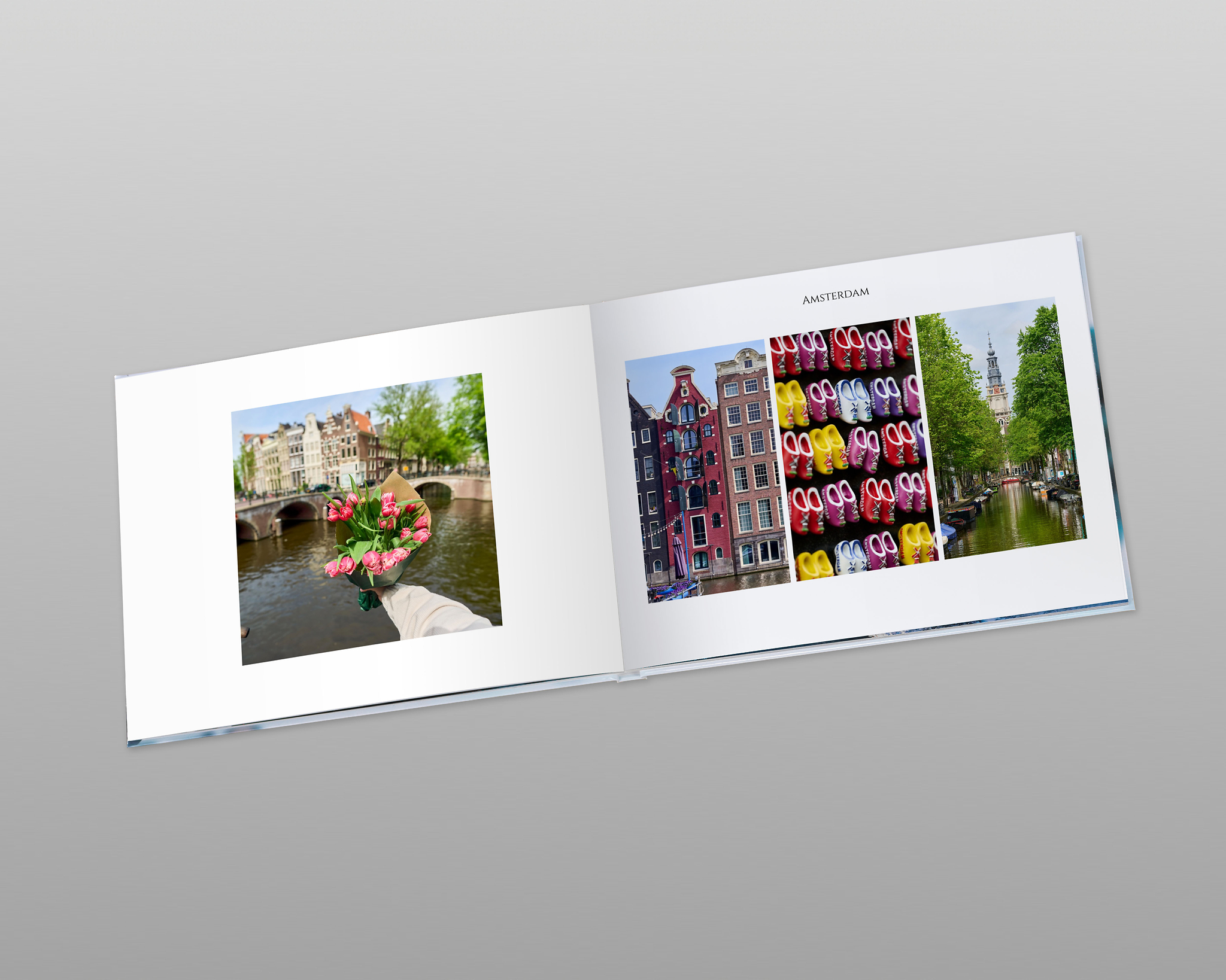 Aufgeschlagenes Fotobuch mit Urlaubsfotos. Das Design des Fotobuchs zeichnet sich durch harmonische Fotolayouts und kleine Textfelder aus.