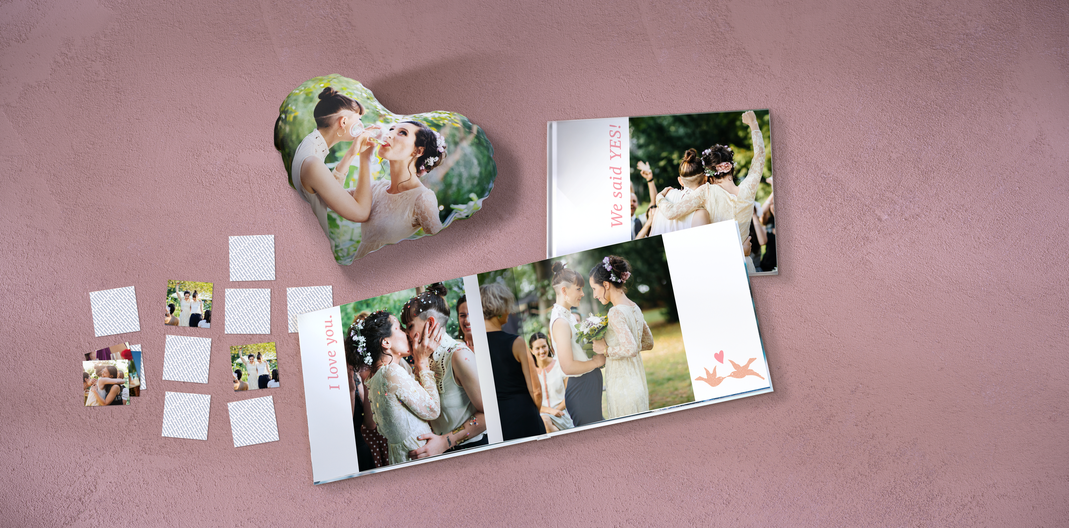 Produktmix zur Hochzeit mit Fotobuch, Foto-Herzkissen und Foto-Memo