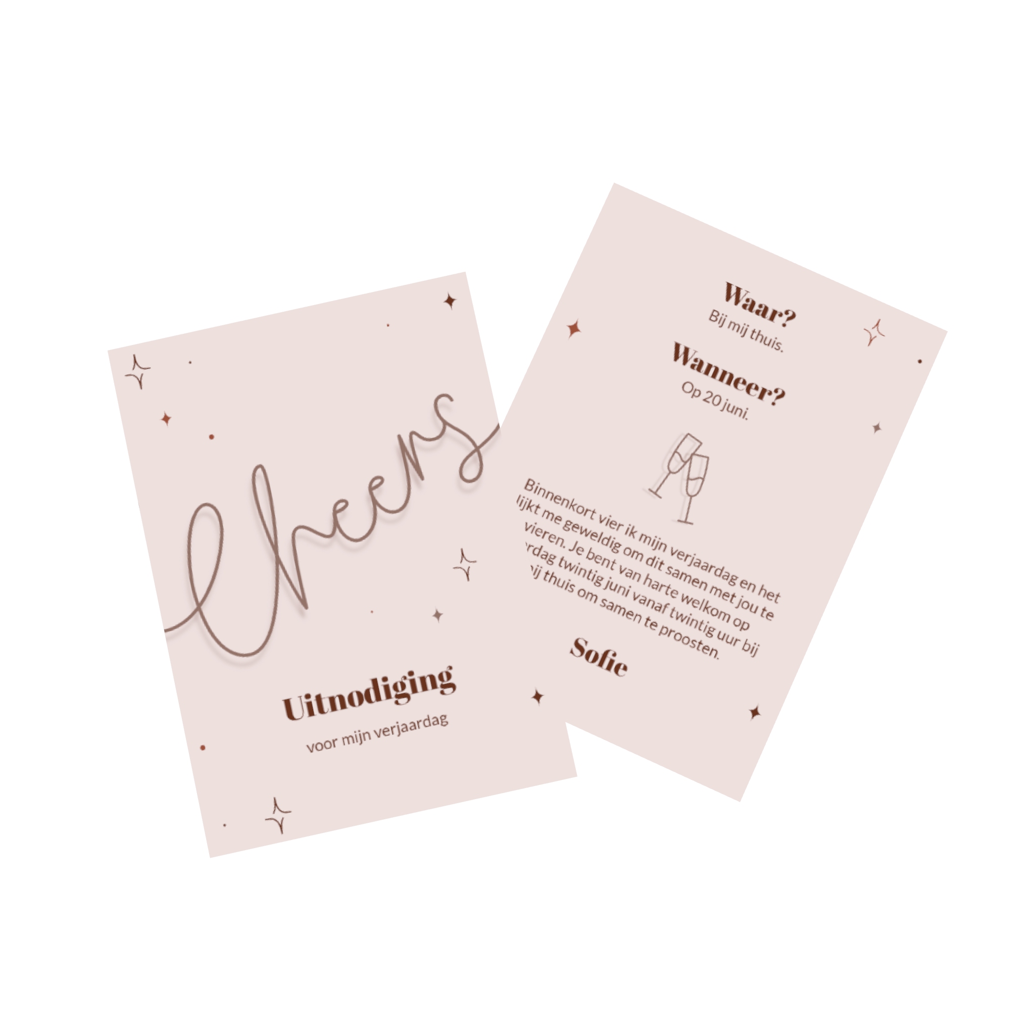 Uitnodiging voor een verjaardag met "cheers" erop.