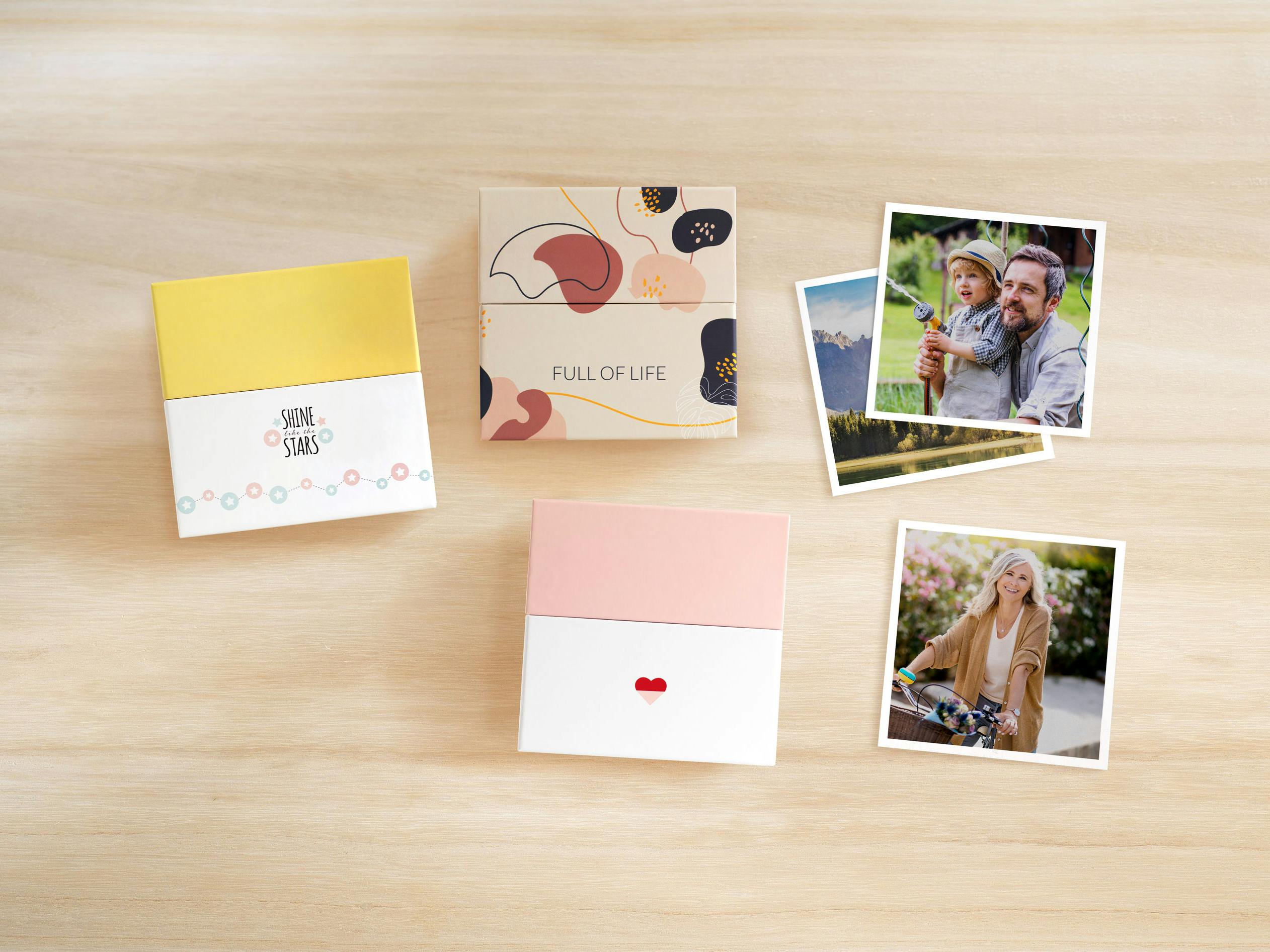 Square prints with different boxes with designs and family images
