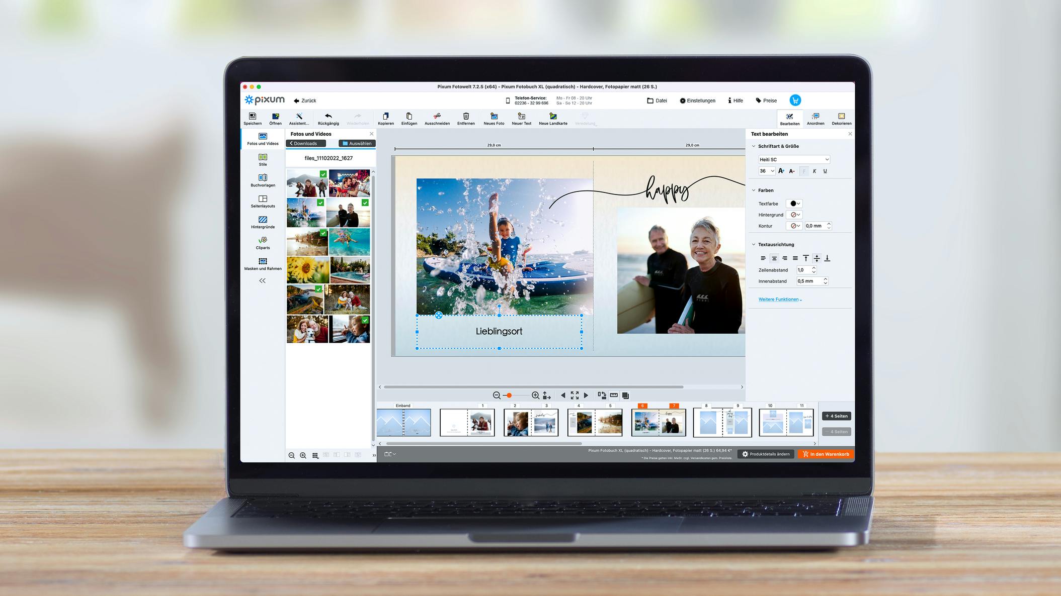 Laptop mit geöffneter Pixum Fotowelt Software während einer Fotobuch Gestaltung