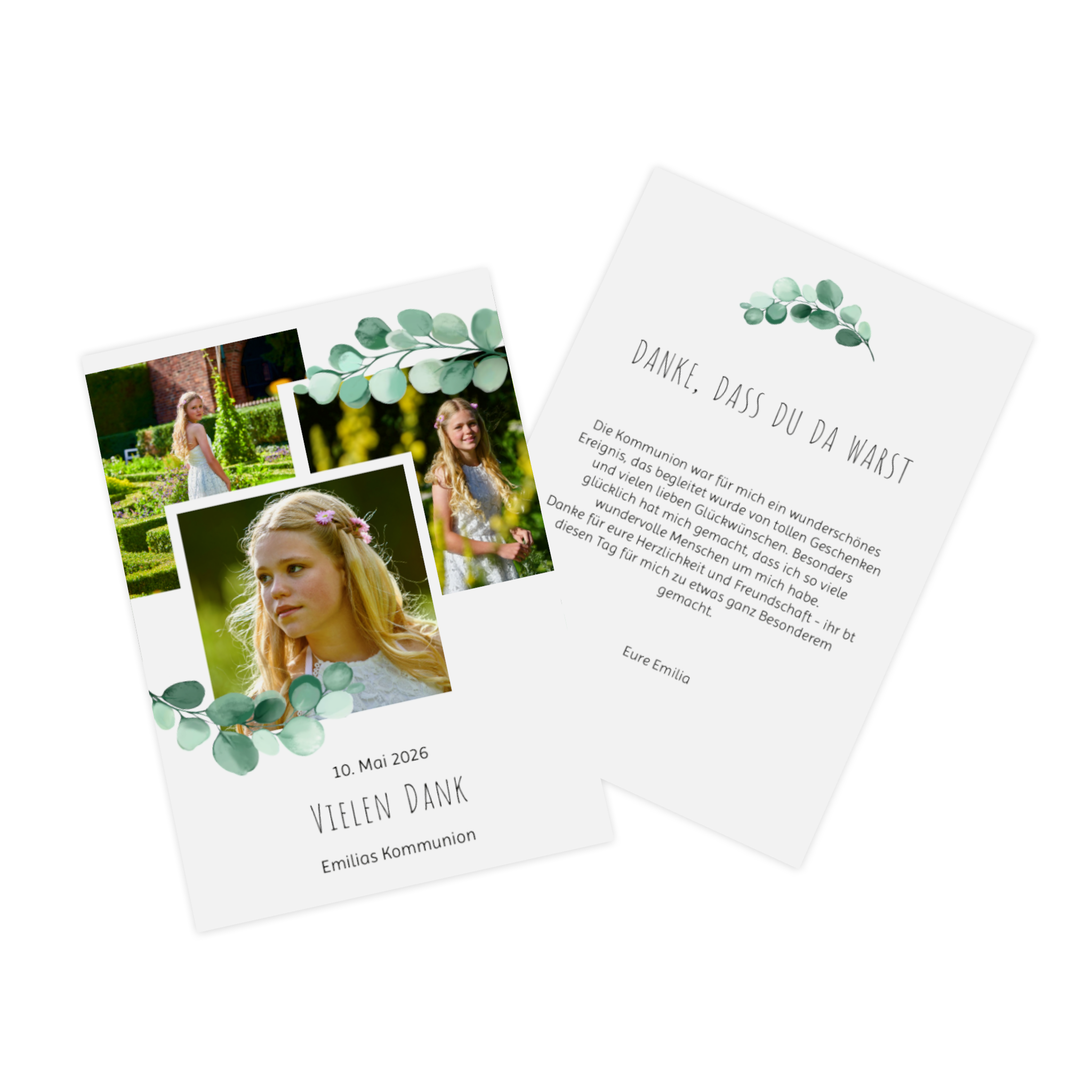 Danksagungskarte zur Kommunion mit Bildern eines Mädchen und grünen Ranken.