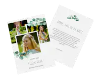 Danksagungskarte zur Kommunion mit Fotos und grünen Ranken Danksagungskarte zur Kommunion mit Bildern eines Mädchen und grünen Ranken.