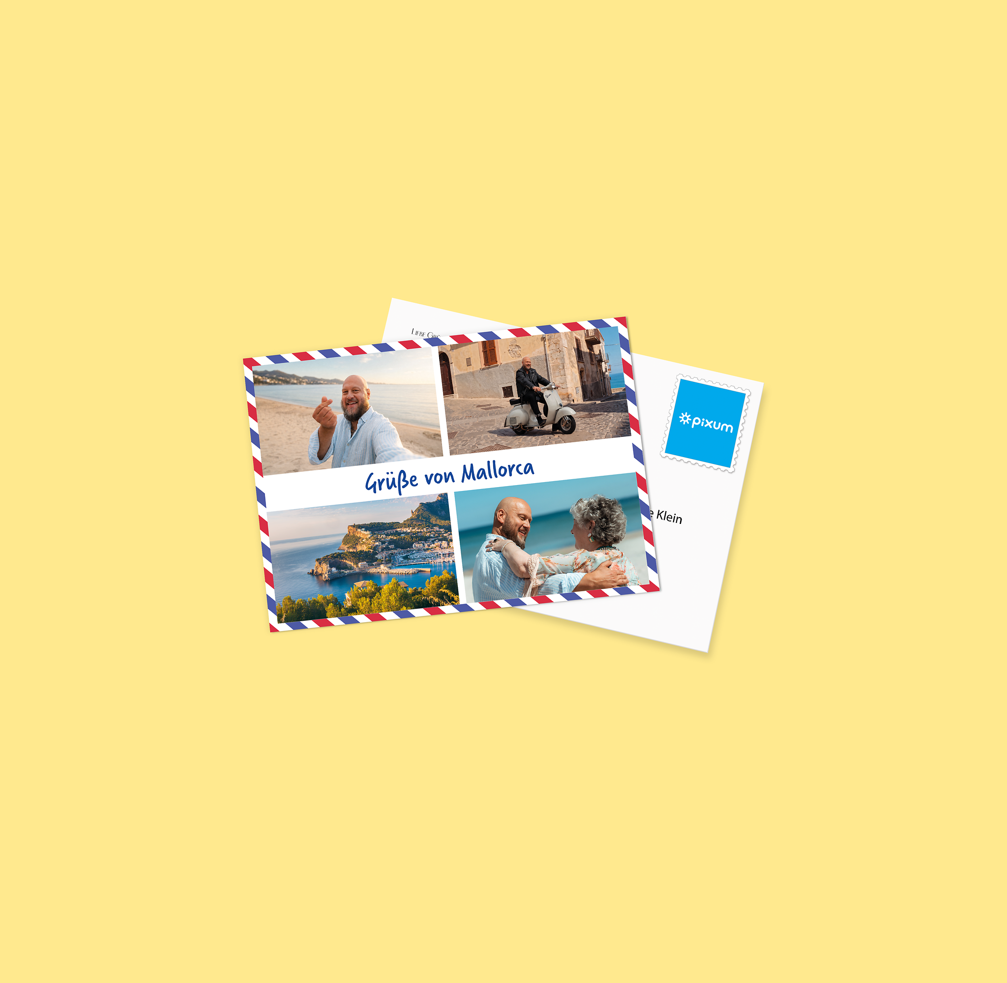 Postkarte mit einer Fotocollage aus Mallorca von einem Mann mit Glatze und Bart 