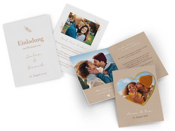 Grusskarten-Mix mit Foto-Babykarte und Foto-Hochzeitseinladung als Freisteller