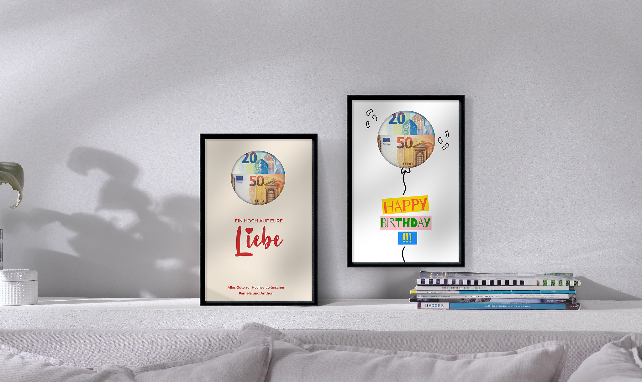 Photo money gift with designs for birth and wedding on a wall.