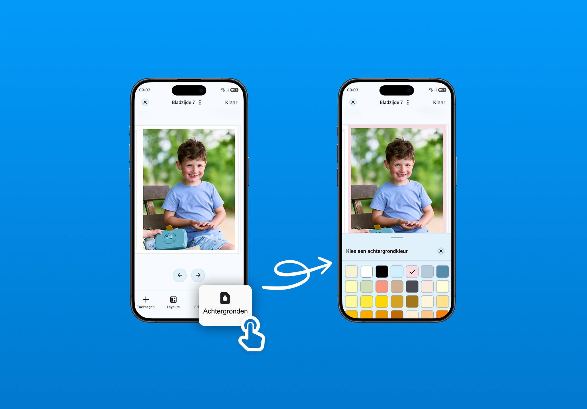 Een fotoboek wordt gepersonaliseerd met achtergronden in de Pixum App.