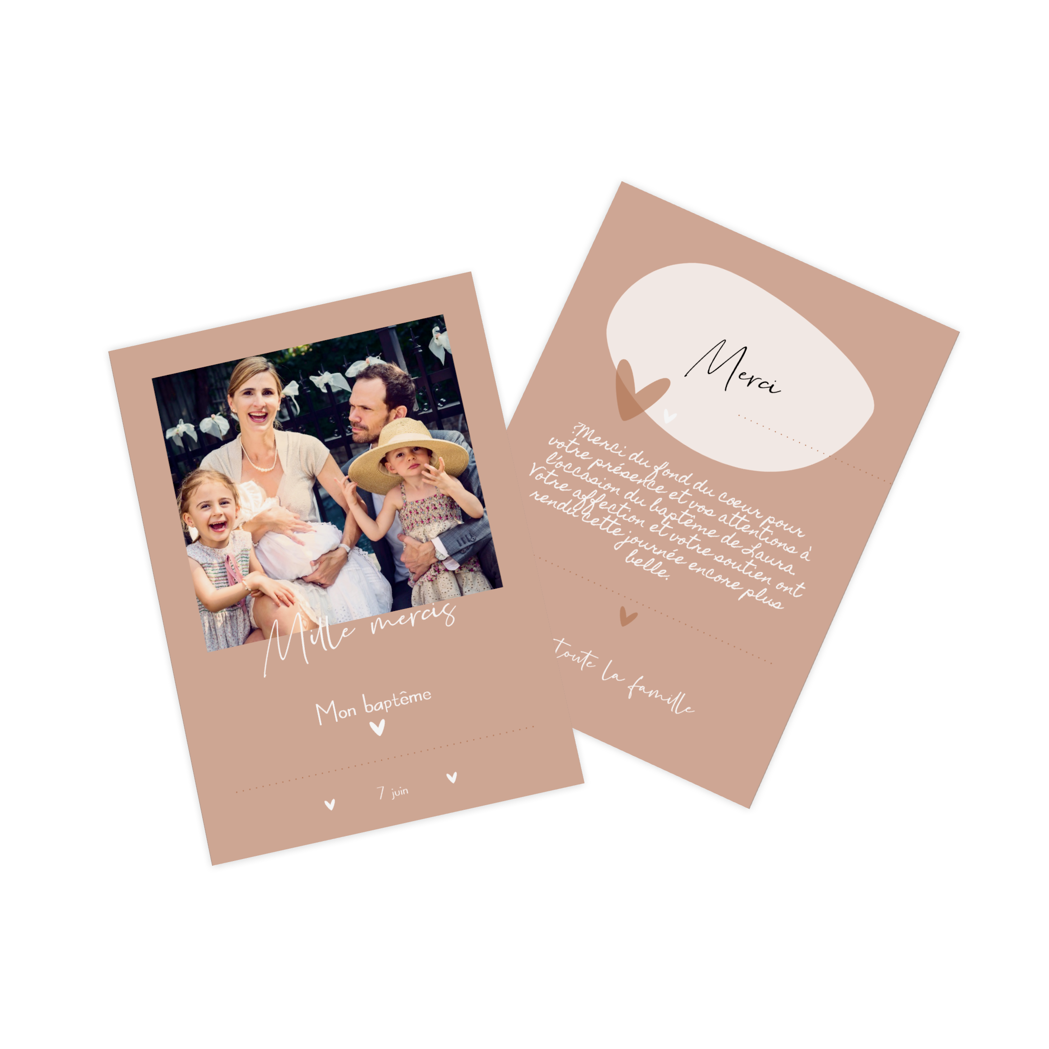 Carte photo comme carte de remerciement pour un baptême.