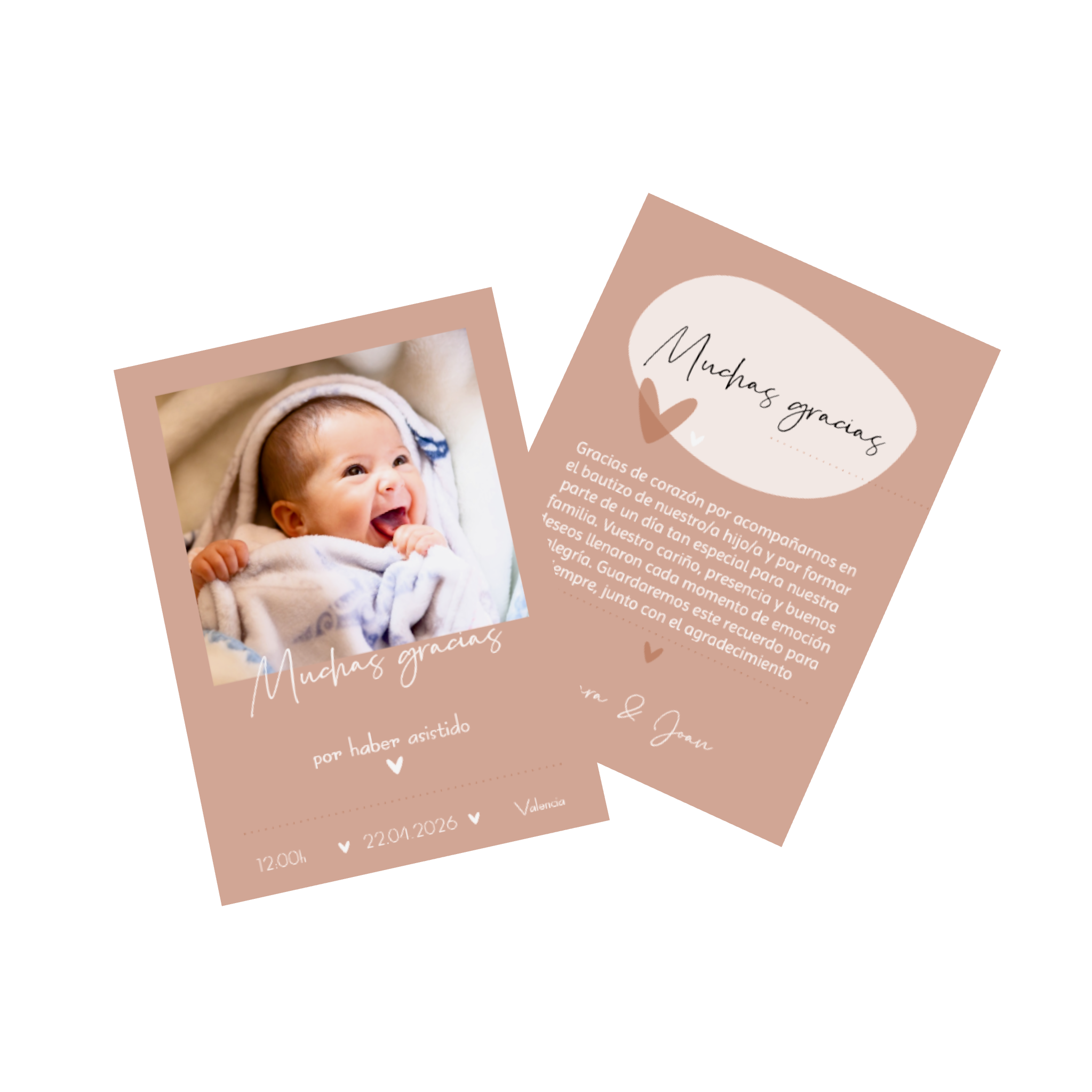 Una tarjeta plegable de agradecimiento de bautizo personalizada con fotos y textos