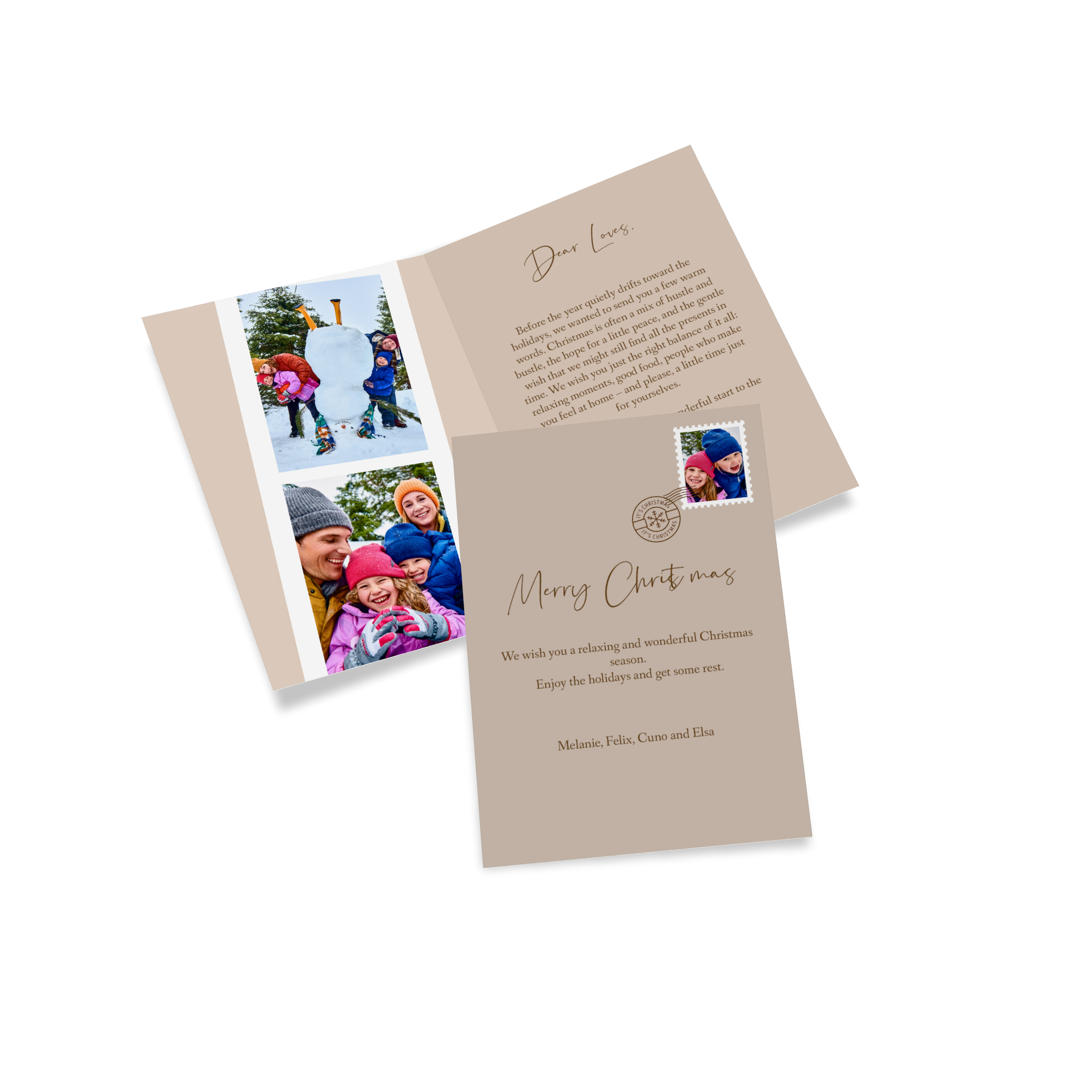 Carte de Noël personnalisée avec des photos d’une famile à la neige.